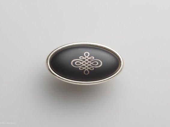 Grace мебельная ручка-кнопка восточное серебро и черная матовая керамика с платиновым орнаментом карильон